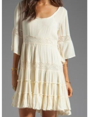 Free People Cream Lace-Trim Tiered Mini Dress